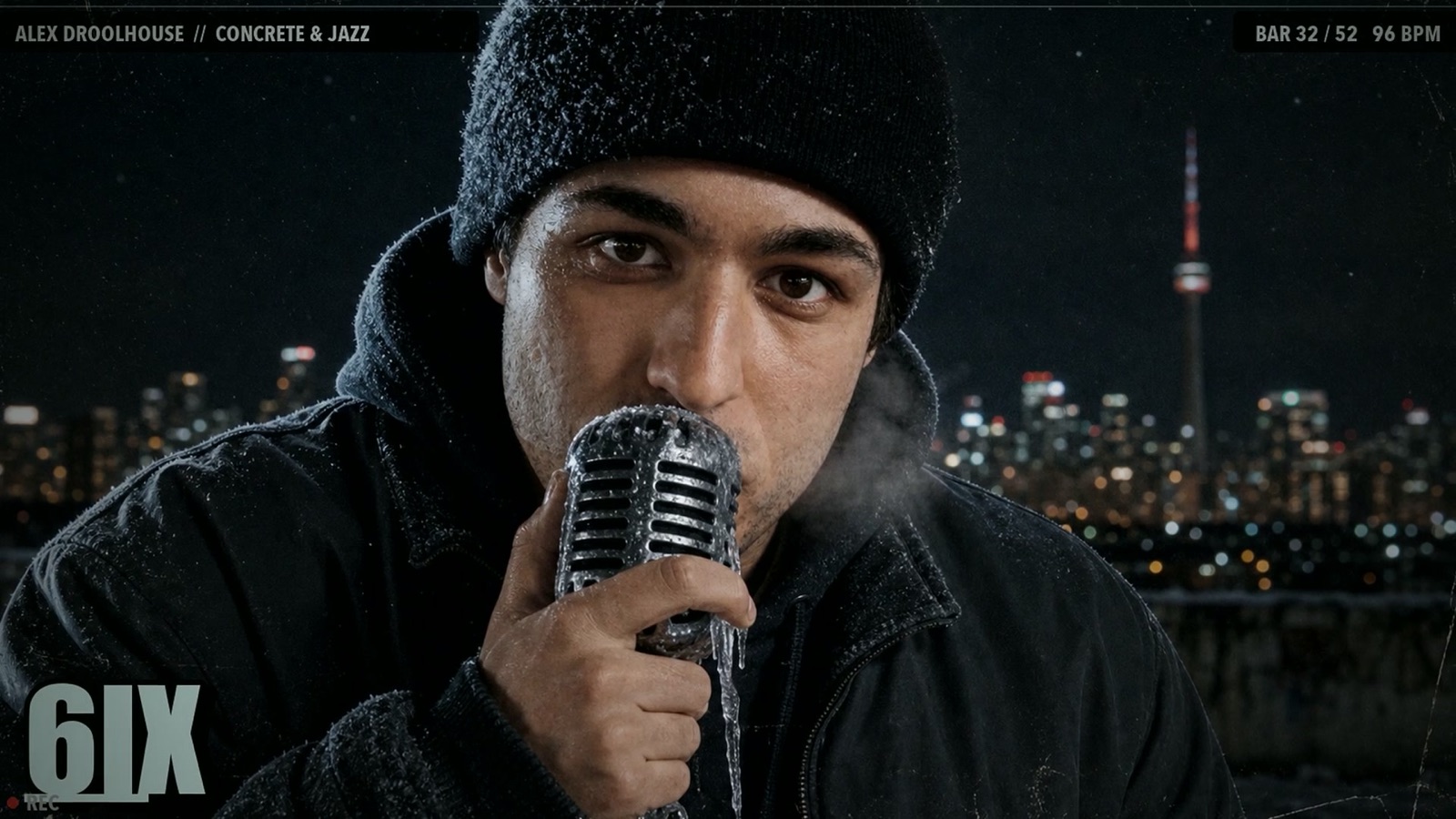 Alex Droolhouse holding an ice-covered microphone in front of the Toronto skyline